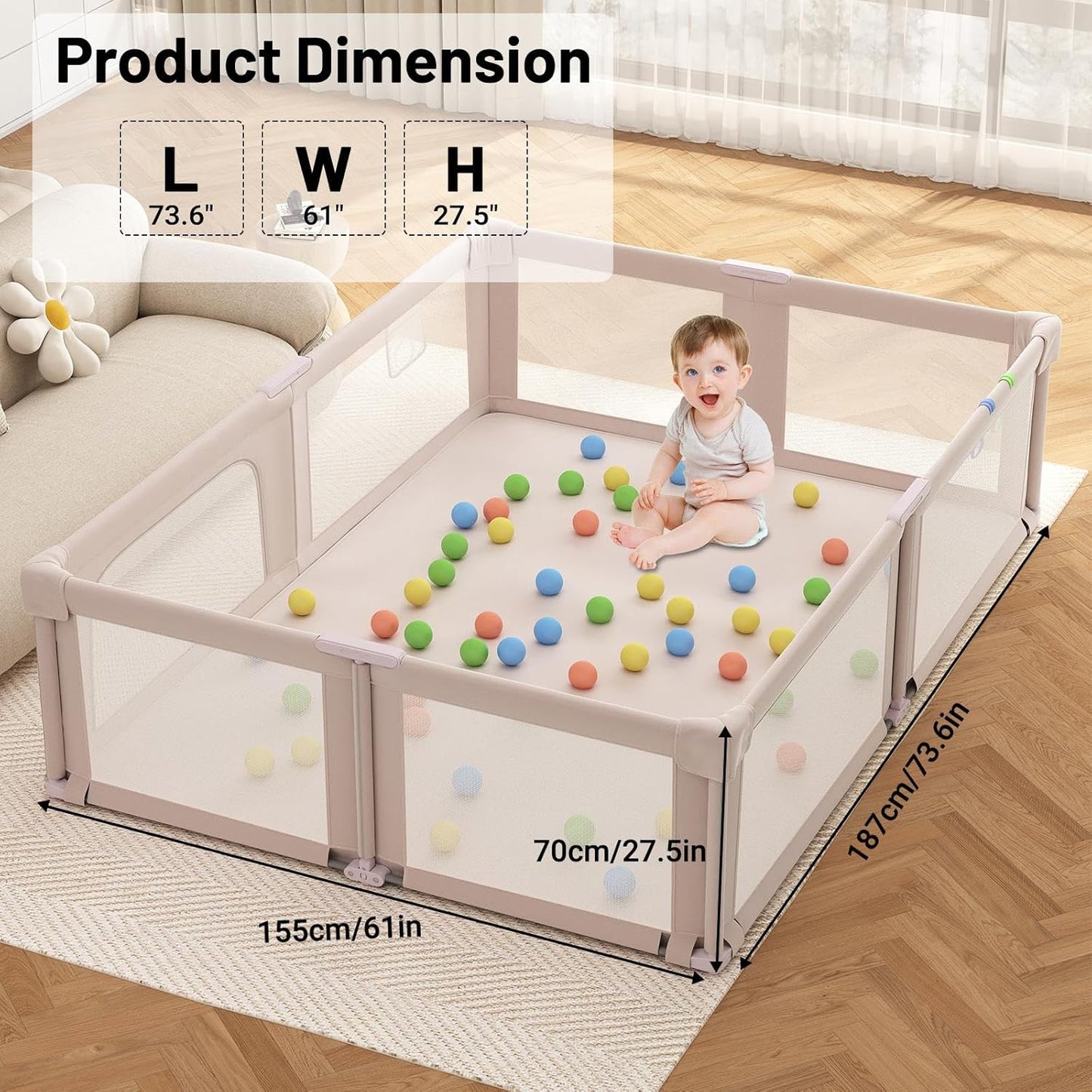Foldable Playpen for Babies and Toddlers, 51" Portable Play Pen with Mat and Ocean Balls, Play Yard with with Visible Mesh for Inddor and Outdoor, No Assembly Required, Dark Gray