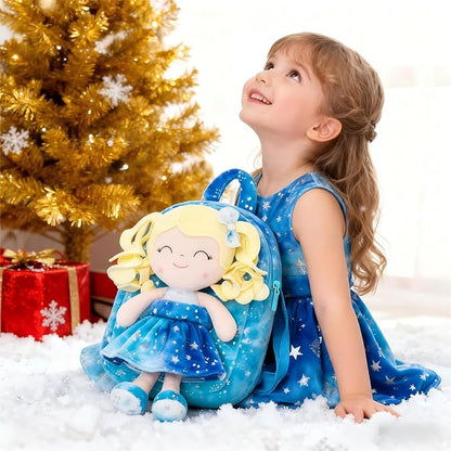 Gloveleya Toddler Backpack Baby Girl Gifts Plush Curly Girl Doll Backpacks Blue Dress with Glitter Stars 9 inches