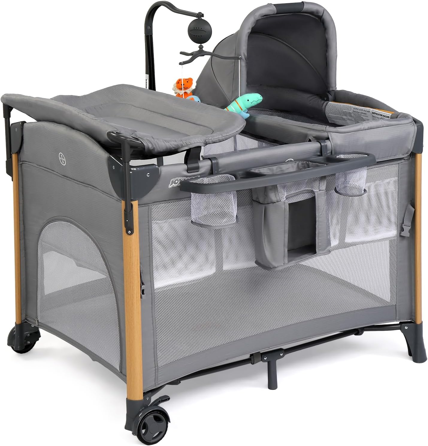 JOYMOR 7 in 1 Bedside Bassinet with Changing Table, All in One Nursery Center, Bedside Sleeper with Mattress, Sheet, Canopy, Storage Shelf,Gray