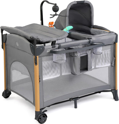 JOYMOR 7 in 1 Bedside Bassinet with Changing Table, All in One Nursery Center, Bedside Sleeper with Mattress, Sheet, Canopy, Storage Shelf,Gray