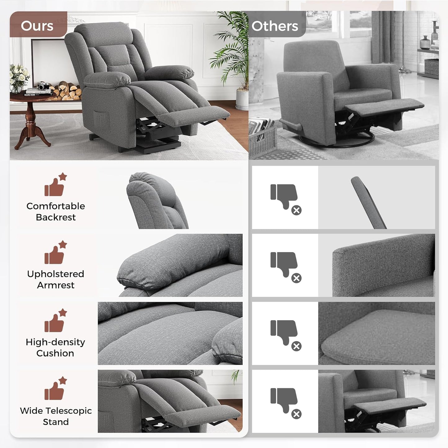 Amopatio Swivel Glider Recliner for Indoor, Nursery Rocker Chair Upholstered Single Sofa with Side Pockets and Footrest for Living Room Bedroom
