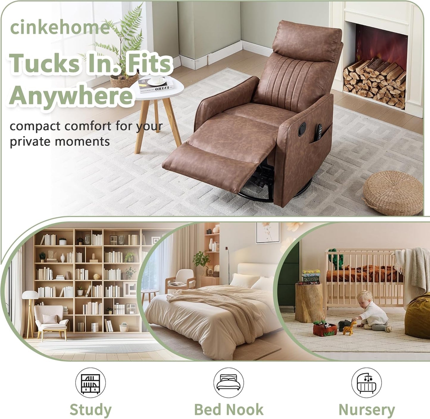 cinkehome Swivel Rocker Recliner, Glider Rocker Recliner Chair for Nursery, Manual Reclining Chair with Heated Massage, Small Spaces, Living Room, Khaki Chenille