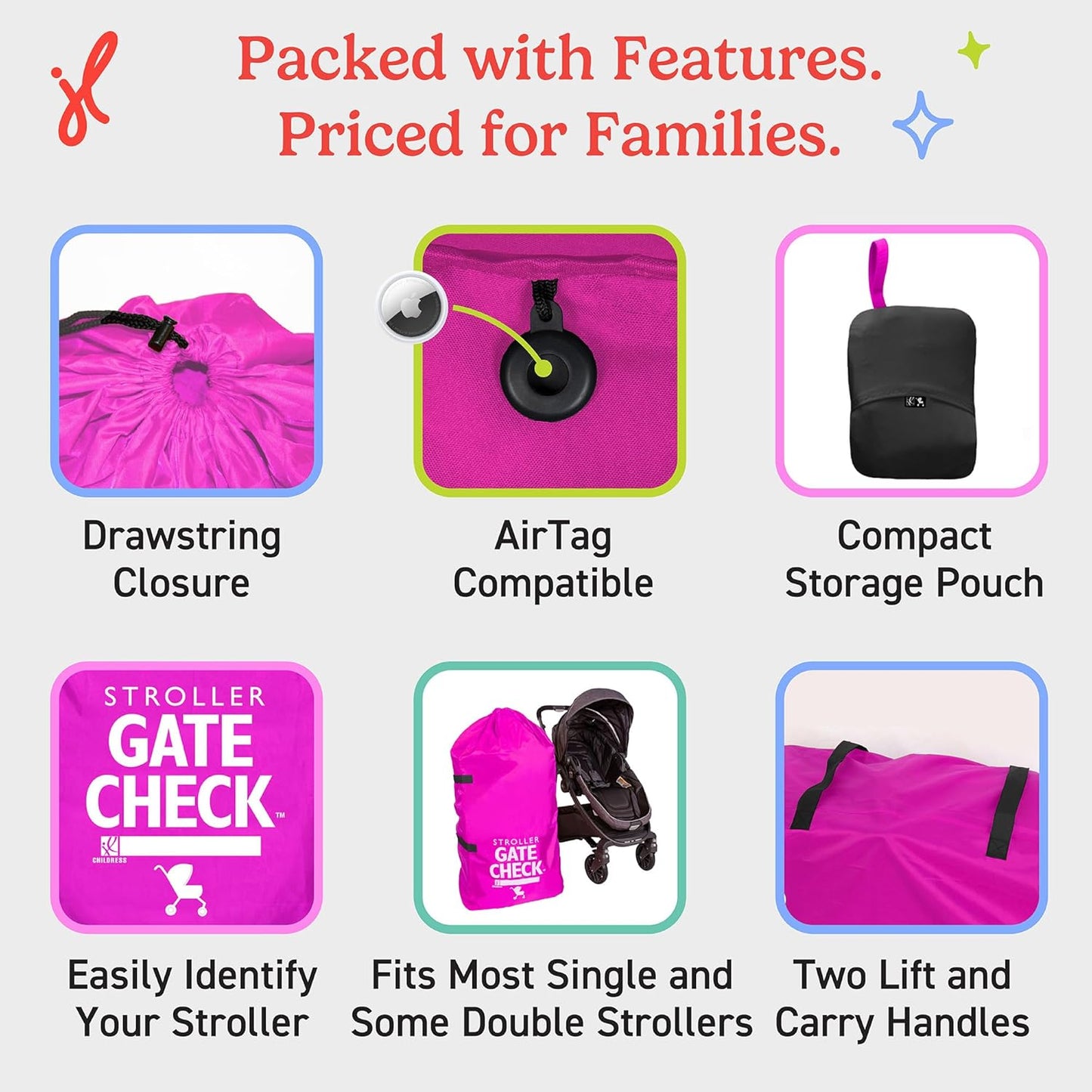 J.L. Childress Gate Check Bag for Single & Some Double Strollers - Travel Bag for Airplane, Fits Most Standard Baby Strollers, Airport Accessories for Gate Check, Flying Essentials - Red