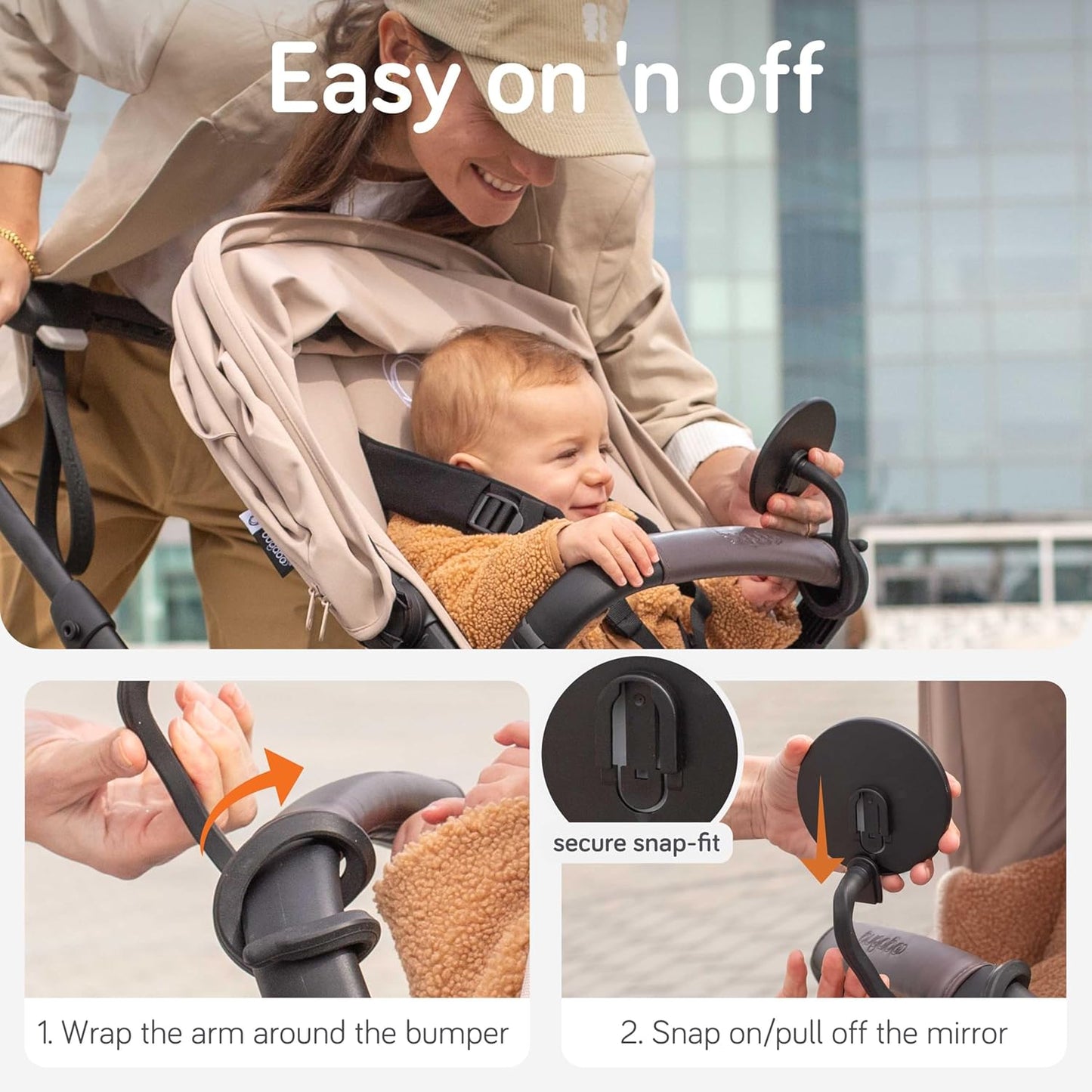 Baby Uma Stroller Mirror for Baby - 100% Shatterproof Clamp On Mirror, Universal with Tight-Grip Silicone Leg, Easy On 'n Off, Stroller Accessories (⌀ 3.8 in)