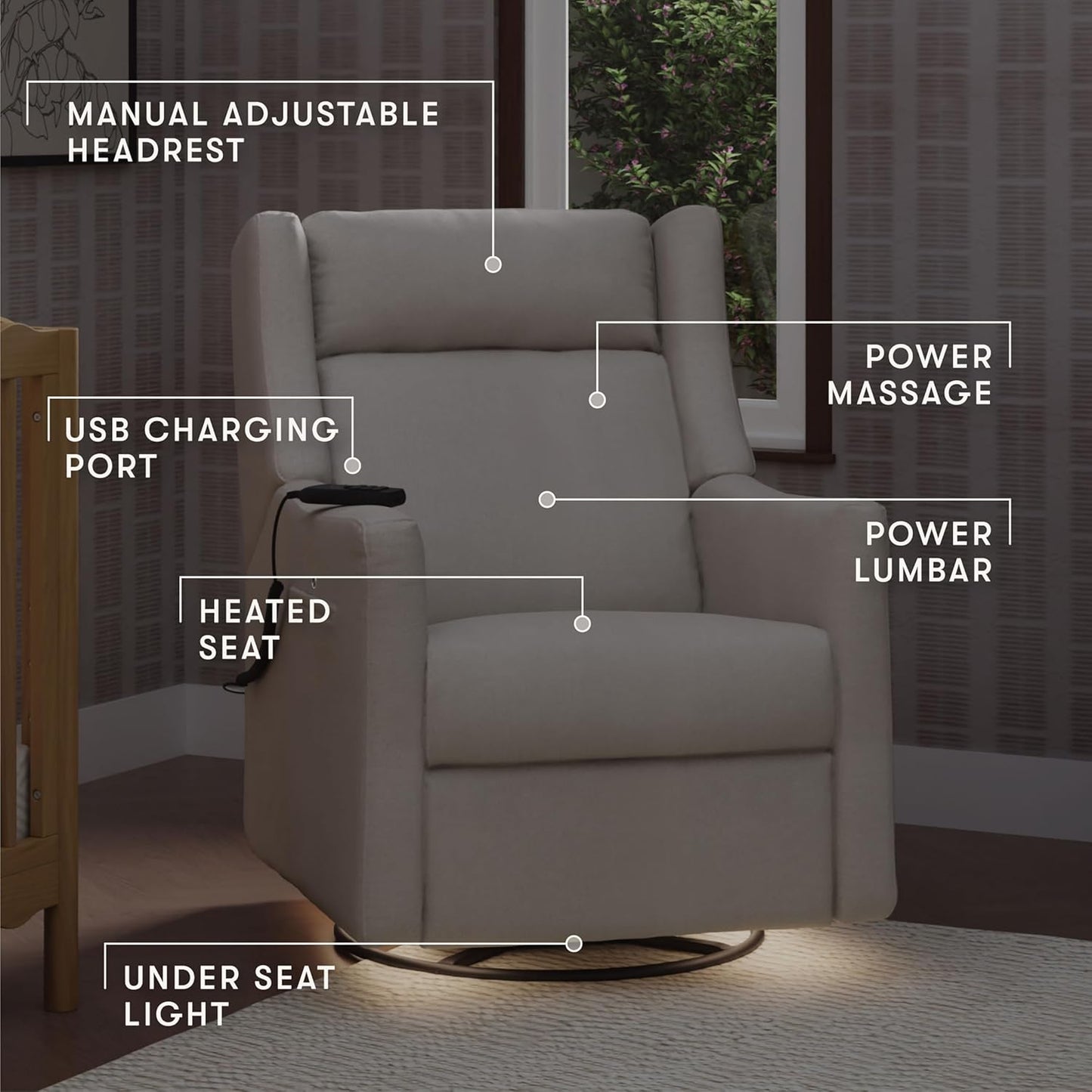 Babyletto Kiwi Deluxe Power Recliner and Swivel Glider with Heat and Massage in Almond Teddy Loop, Built-in USB Charging Port, Adjustable Headrest, Greenguard Gold, FSC and CertiPUR-US Certified