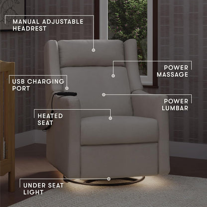 Babyletto Kiwi Deluxe Power Recliner and Swivel Glider with Heat and Massage in Almond Teddy Loop, Built-in USB Charging Port, Adjustable Headrest, Greenguard Gold, FSC and CertiPUR-US Certified