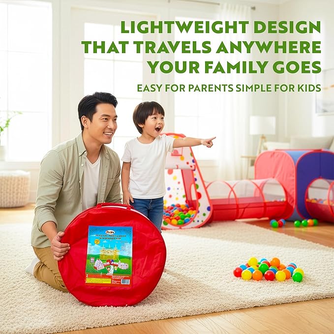 Playz 5-Piece Kids Play Tents Crawl Tunnels and Ball Pit Popup Bounce Playhouse Tent with Basketball Hoop for Indoor and Outdoor Use with Red Carrying Case