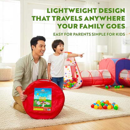 Playz 5-Piece Kids Play Tents Crawl Tunnels and Ball Pit Popup Bounce Playhouse Tent with Basketball Hoop for Indoor and Outdoor Use with Red Carrying Case