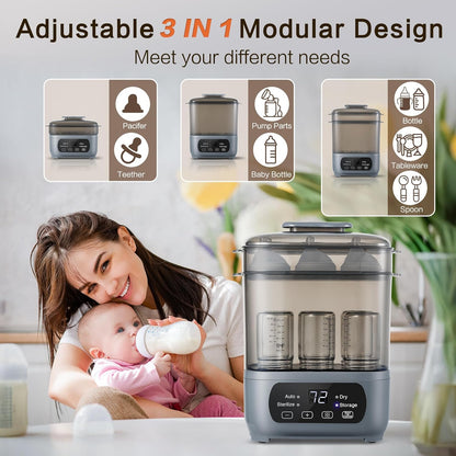 AMZBABYCHEF 4-in-1 Baby Bottle Steamer and Dryer, Electric Steamer with Fast Drying, Universal Fit for All Bottles, LED Touch Screen & Auto Shut-Off Protection (Grey)