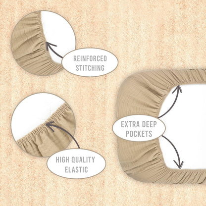 3-Pack Bedside Sleeper Bassinet Sheets | GOTS Certified Organic 100% Muslin Cotton | Ultra Soft & Breathable | 33×20×4” Fitted Sheets | Universal Fit 29–33” x 17–21” Pads
