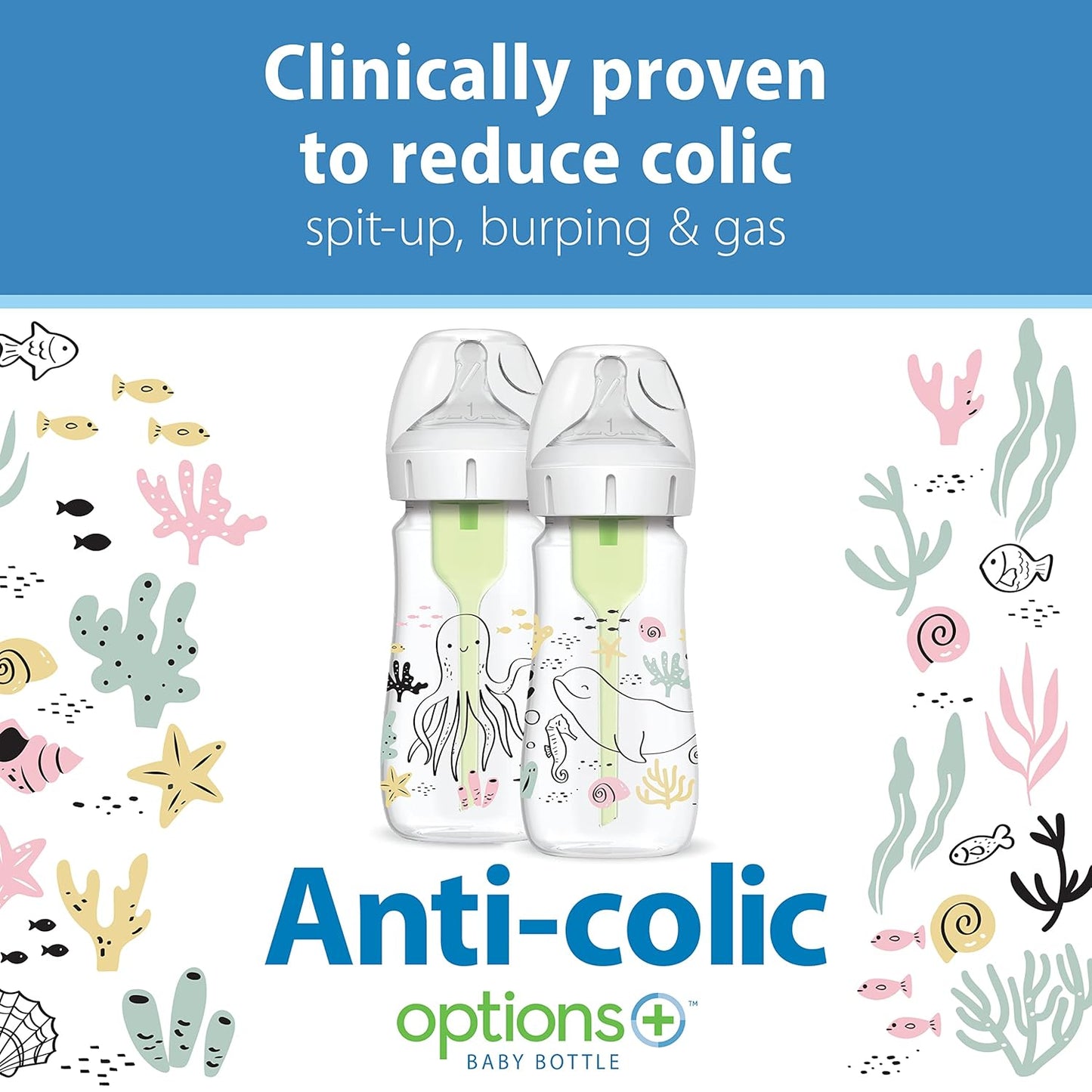 Dr. Brown's Anti-Colic Options + Wide-Neck Baby Bottle Designer Edition Dino Decos, 9oz/270mL, Level 1 Slow Flow Nipple, BPA-Free, 0m+, 2-Pack