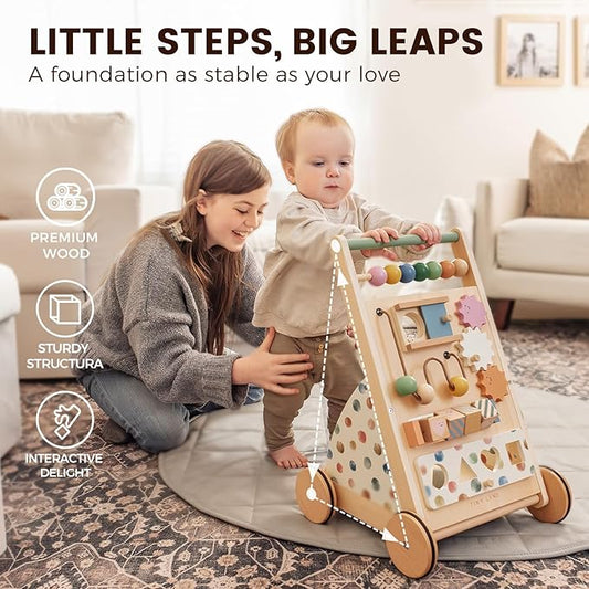Tiny Land Wooden Baby Walker with Adjustable Speed, Montessori Activity Push Walker Toy for Toddlers, Baby Gift Parents Love for Boys & Girls(Morandi)