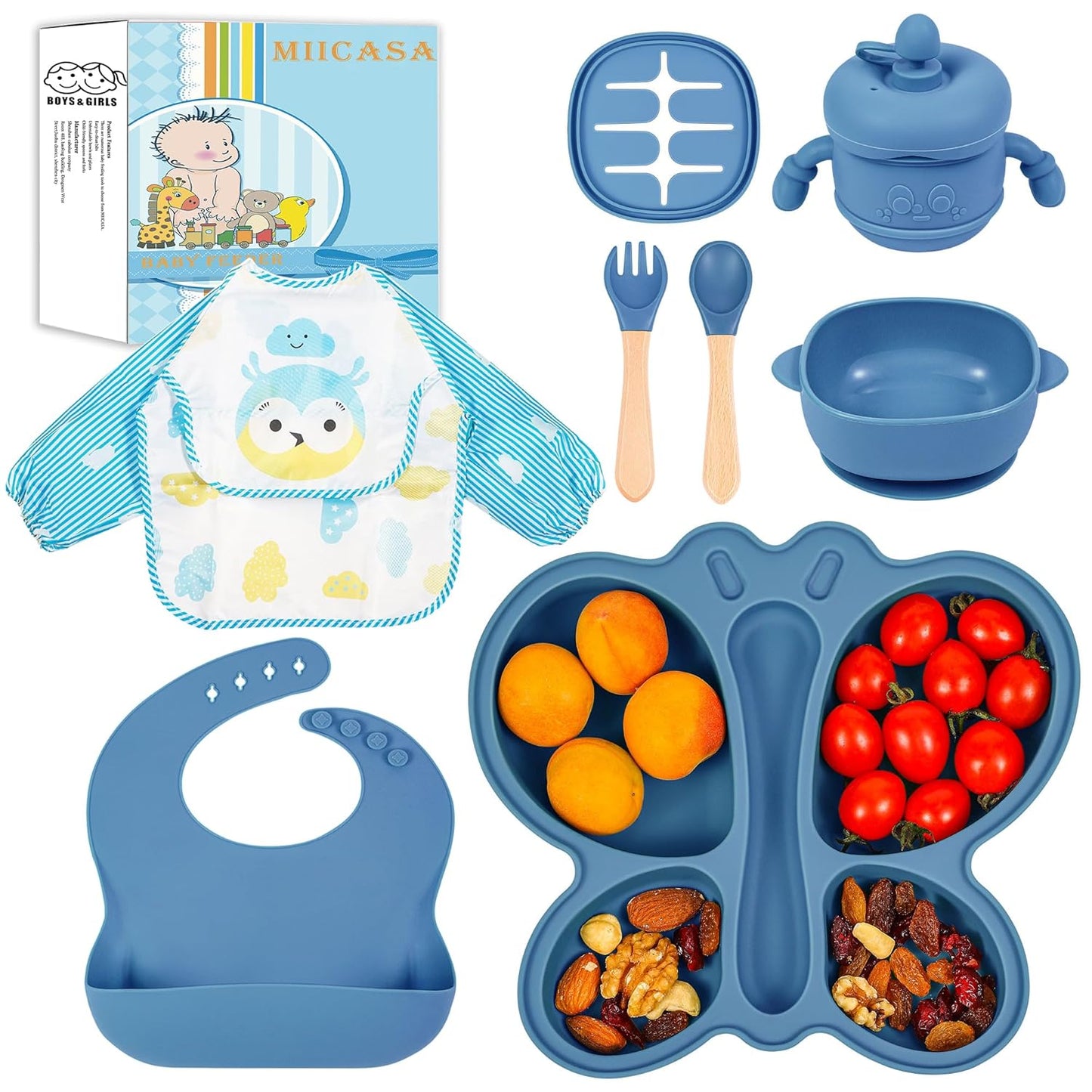 Silicone Baby Feeding Set, Baby Led Weaning Supplies, Baby Food Tableware Silicone Suction Plate, Bowl, Spoons, Fork, Waterproof Bib, Cup & Complementary Food Cake Mold, Baby Eating Utensils