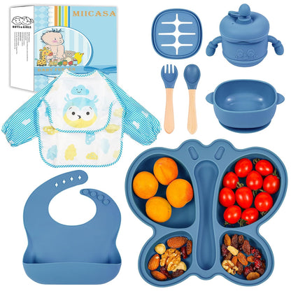 Silicone Baby Feeding Set, Baby Led Weaning Supplies, Baby Food Tableware Silicone Suction Plate, Bowl, Spoons, Fork, Waterproof Bib, Cup & Complementary Food Cake Mold, Baby Eating Utensils