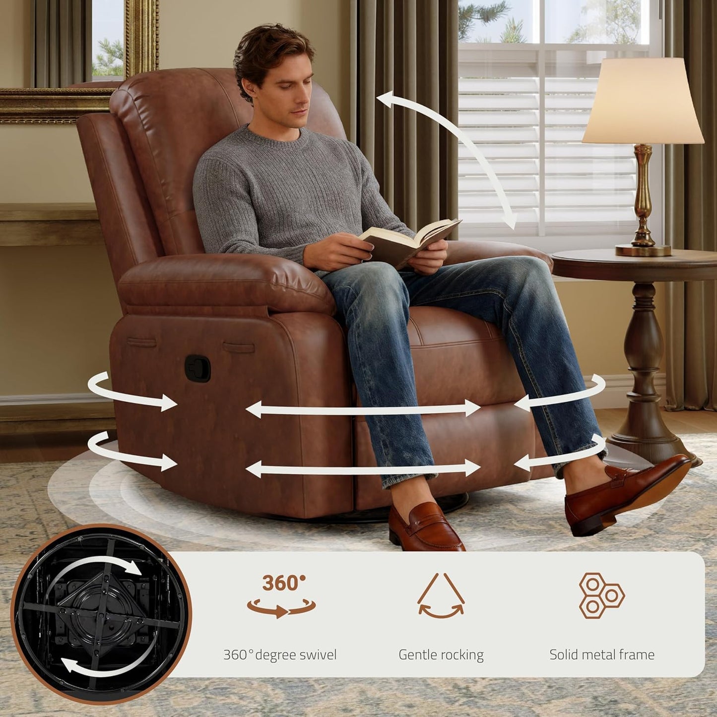 Leather Swivel Rocker Recliner Chair, Traditional Manual Chair, Upholstered Nursery Glider Rocking Recliner, Comfy Faux Leather Single Sofa with Pocket Spring for Living Room, Camel