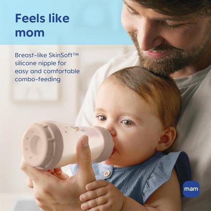 MAM 9oz Easy Start Anti-Colic+ Wide Neck Baby Bottle, Medium Flow Breastfeeding-Like Nipple, Reduces Colic Gas & Reflux, Easy To Clean, BPA Free, 2+ Months, Made In Europe, Bonus Fast Flow Nipple, Boy