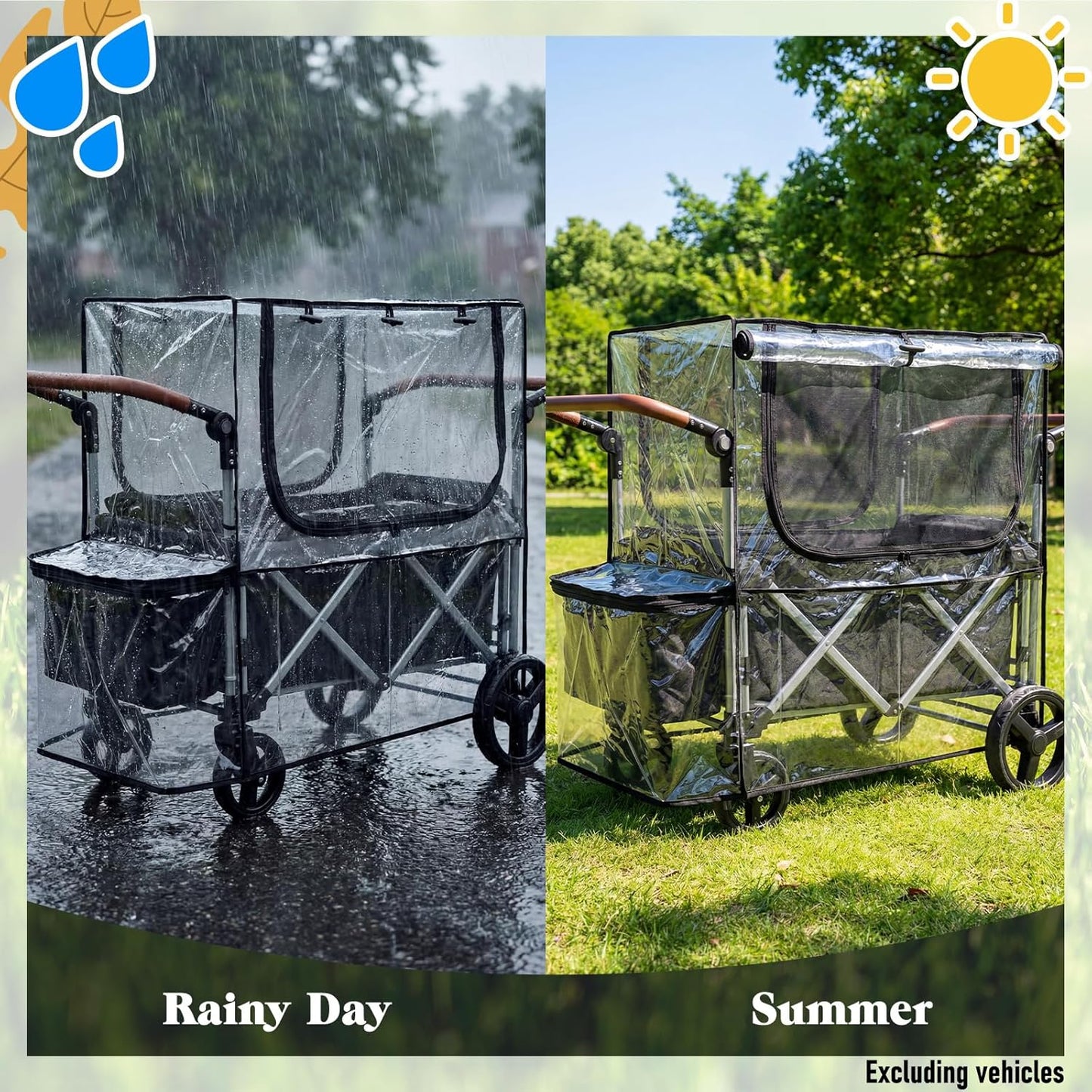 Big Size Rain Cover and Mosquito Net 2in1 for Wagon Stroller and Trolley Cart, Rain & Wind Canopy with Window for Camping and Sporting Events, Wagon Stroller Accessories (Cart Not Included)