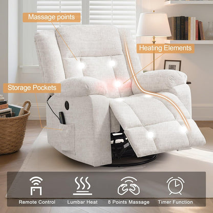 Korser Rocker Recliner, Glider Recliner Chairs for Adults, 360° Swivel Rocking Chair with Massage and Heating, Nursery Chair with Storage and USB Charging for Living Room, Bedroom, Nursery