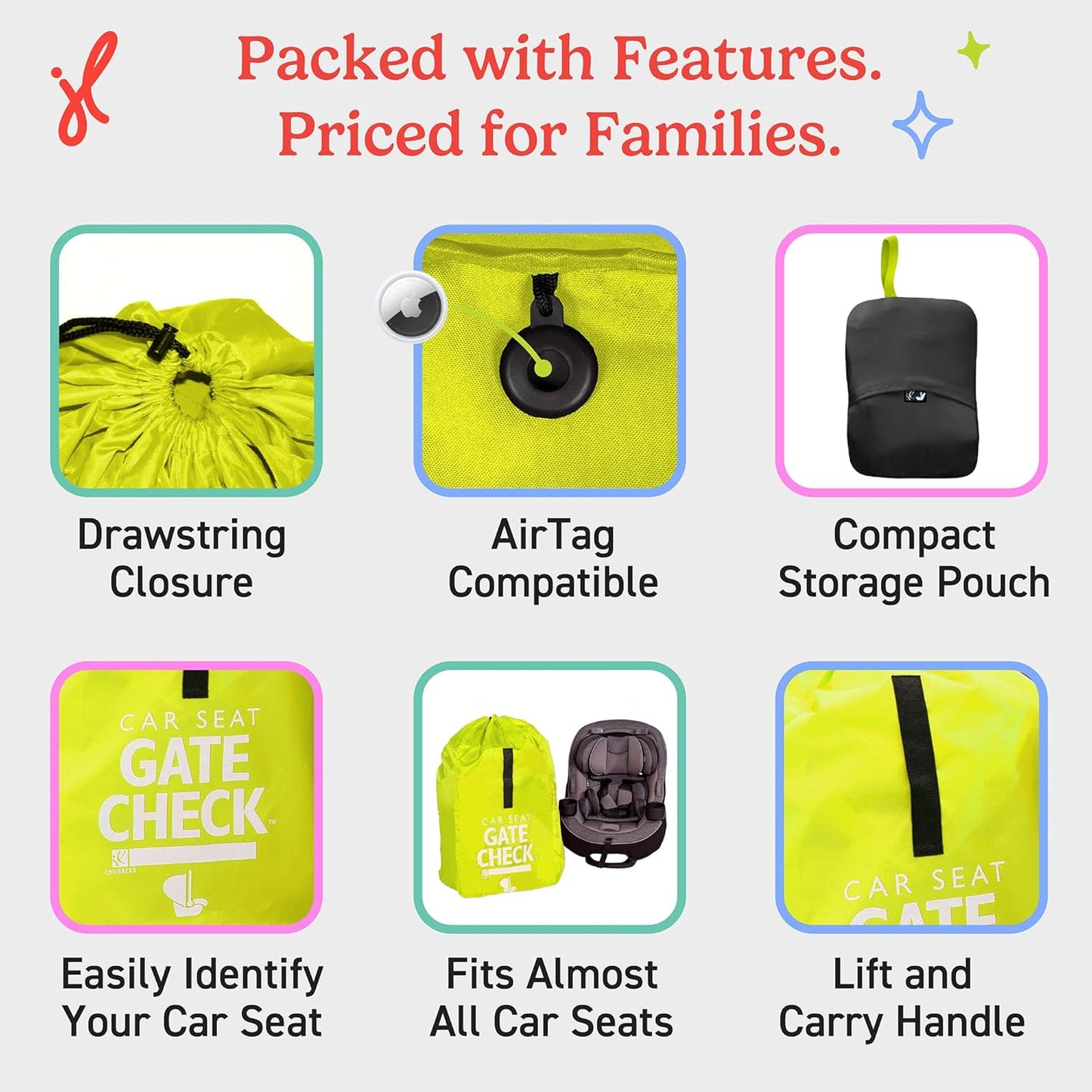J.L. Childress Gate Check Travel Bag for Car Seats - Car Seat Travel Bag for Airplane, Includes AIRTAG Holder, Fits All Baby Carriers, Infant Carriers & Child Booster Seats - Neon Blue