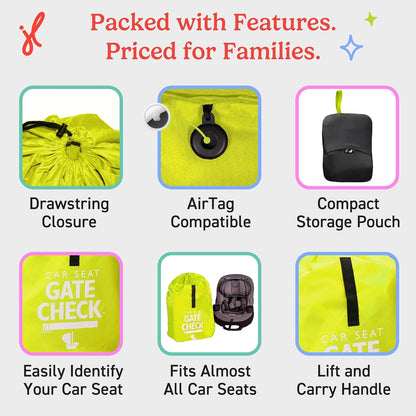 J.L. Childress Gate Check Travel Bag for Car Seats - Car Seat Travel Bag for Airplane, Includes AIRTAG Holder, Fits All Baby Carriers, Infant Carriers & Child Booster Seats - Neon Blue