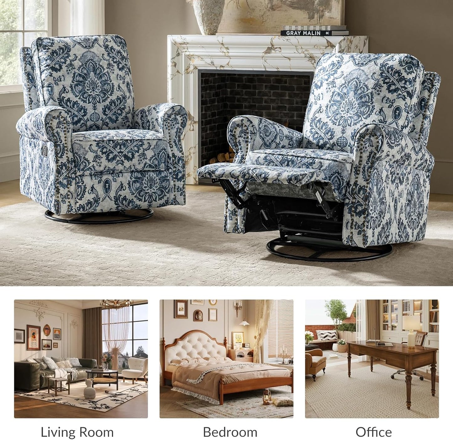 HULALA Home Modern Rocker Recliner, Printed Fabric Swivel Glider with Adjustable Backrest & Footrest, JEACOBEAN