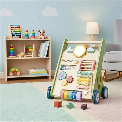 11-in-1 Montessori Baby Walker Toddlers Push Walker Wooden Activity Center Gift for 1 Year Old Boys Girls, Adjustable Speed & Quiet Wheels Learning to Walk Sensory Toys Baby Sit-to-Stand Walking Toys