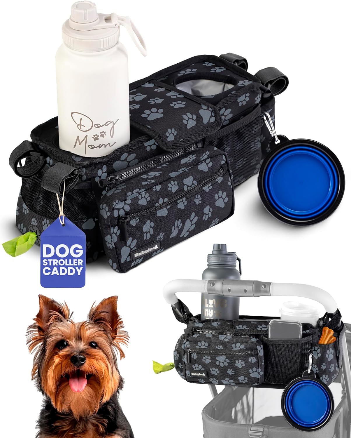 rubyloo Dog Stroller Caddy Organizer with Poop Bag Dispenser, Treat Pocket, Water Bowl – Dog Stroller Accessories with Insulated Cup Holders, Pet Storage & Non-Slip Fit for 14"-19" Wide Handlebars