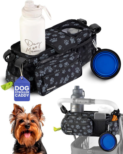 rubyloo Dog Stroller Caddy Organizer with Poop Bag Dispenser, Treat Pocket, Water Bowl – Dog Stroller Accessories with Insulated Cup Holders, Pet Storage & Non-Slip Fit for 14"-19" Wide Handlebars