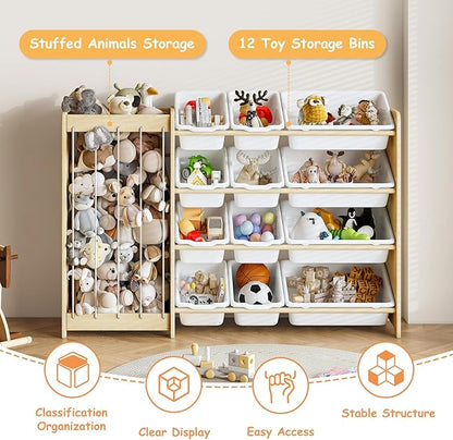 EXPERLAM Kids Toy Storage Organizer, 2-in-1 Stuffed Animal Storage & Toy Organizer w/12 Bins, Solid Wood Toy Rack Featuring Thicker Elastic Ropes to Hold Toys, Playroom Nursery Bedroom Storage, White