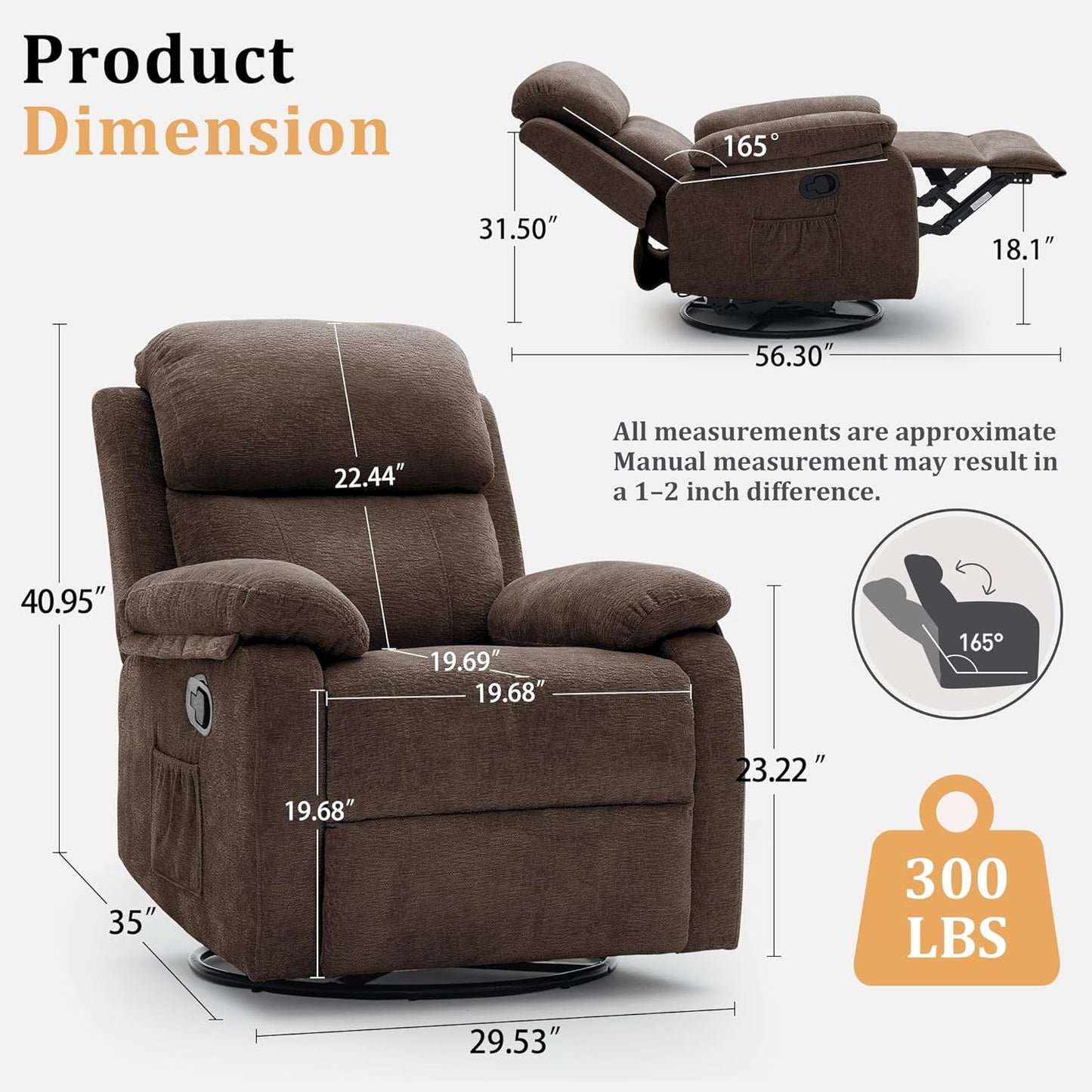 Korser Recliner Chair, 360 Swivel Rocker Chair for Adults, Small Rocking Recliner for Small Spaces, Upholstered Fabric Glider Recliner Nursery
