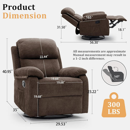 Korser Recliner Chair, 360 Swivel Rocker Chair for Adults, Small Rocking Recliner for Small Spaces, Upholstered Fabric Glider Recliner Nursery
