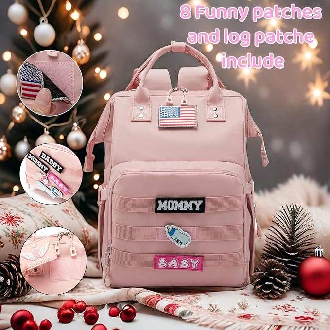 Diaper Bag Backpack for Dad and Mom with USB Charging Port Stroller Straps and Insulated Pocket,army military Travel Nappy Backpack for Daddy/Mommy (Pink)