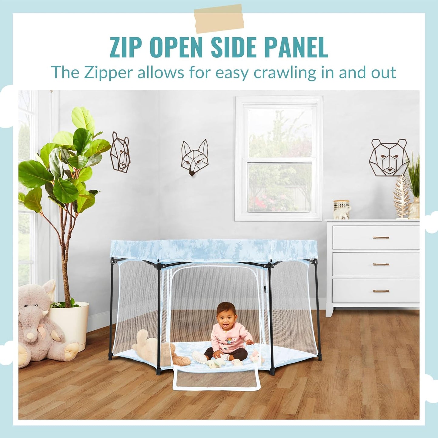 Dream On Me Onyx Baby Playpen, Zipper Access Door, Breathable Mesh Sides, Soft Comfortable Mattress Padded Floor, Easy Fold Design with Travel Carry Bag, Compact Easy to Fold Design - Sky Blue