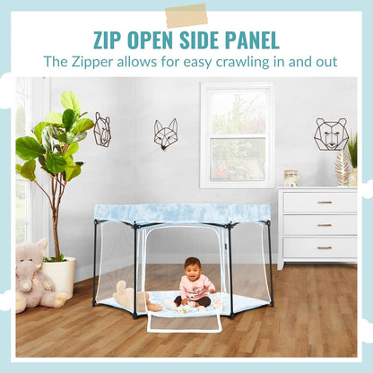 Dream On Me Onyx Baby Playpen, Zipper Access Door, Breathable Mesh Sides, Soft Comfortable Mattress Padded Floor, Easy Fold Design with Travel Carry Bag, Compact Easy to Fold Design - Sky Blue