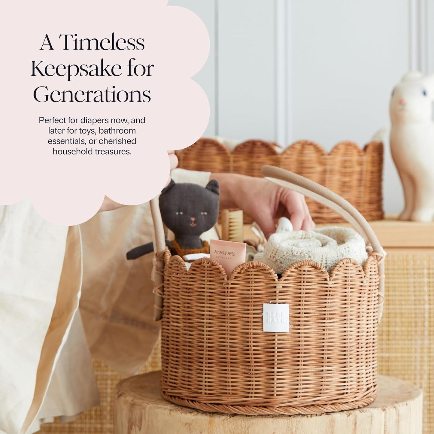 BEBE BASK Premium Baby Diaper Caddy Organizer - Handmade & Award-Winning Scalloped Rattan Basket - Luxury Diaper Caddy Basket - Elegant Scalloped Edge (Natural)