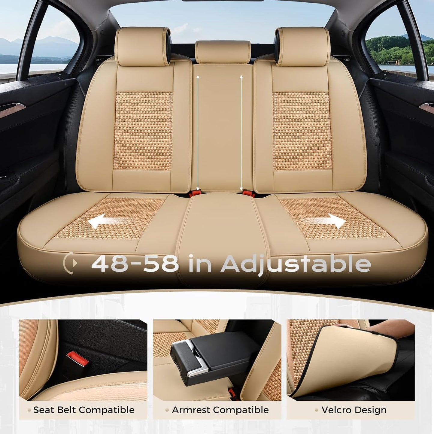 Coverado Leather Seat Covers for Car, Waterproof Car Seat Covers Full Set, 2 in 1 Conversions Car Seat Cover Protector Car Accessories Universal Fit for Most Cars SUVs and Trucks Beige