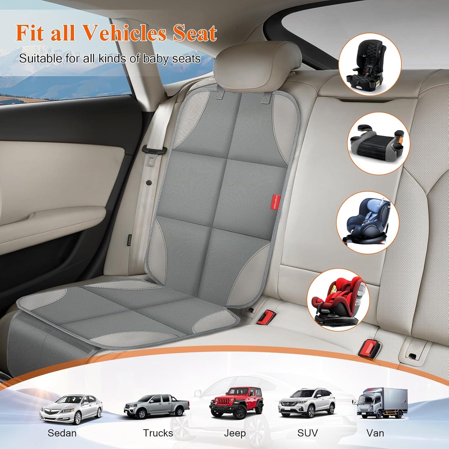 Car Seat Protector, Carseat Seat Protectors with Thick Padding and Upgraded Non-Slip Backing, Waterproof Seat Protector under Baby Car Seat, 600D Fabric Car Seat Covers with Storage Pockets for Baby
