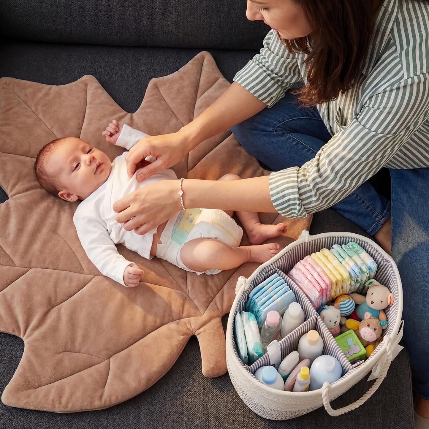 Zopeal Mother‘s Day Diaper Caddy Organizer Large Cotton Rope Baby Basket with Removable Divider Portable Nursery Storage for Diapers & Wipes Changing Table Organizer for Newborn Baby Shower Supplies