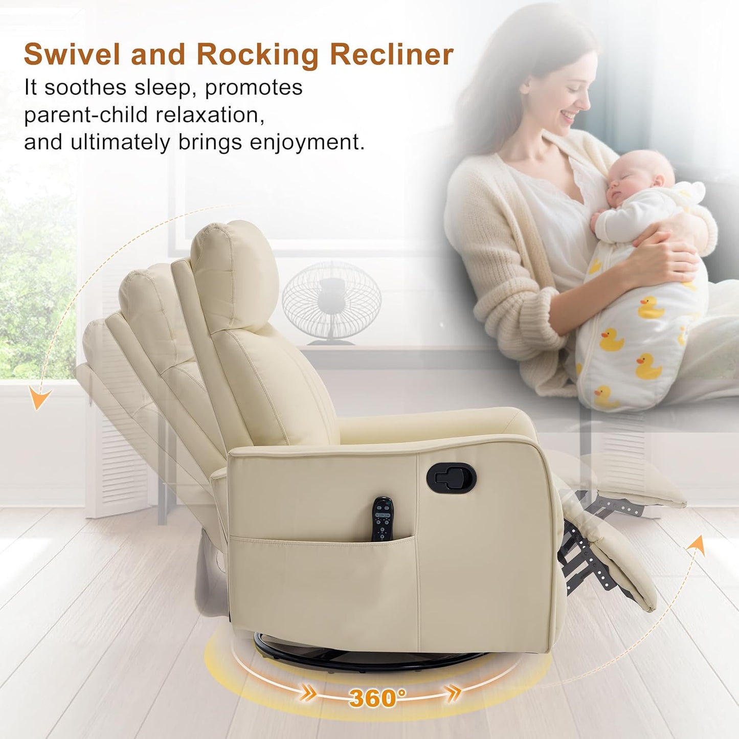 Manual 360° Swivel Rocker Recliner Chair for Adults, Overstuffed Glider Chair for Nursery with Vibration Massage and Heat, Comfy Soft Fabric Glider with Side Pockets for Living Room, Beige