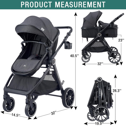 Accombe 2 in 1 Baby Stroller, Convertible Bassinet Pushchair for Infants and Newborns 0-36 Months