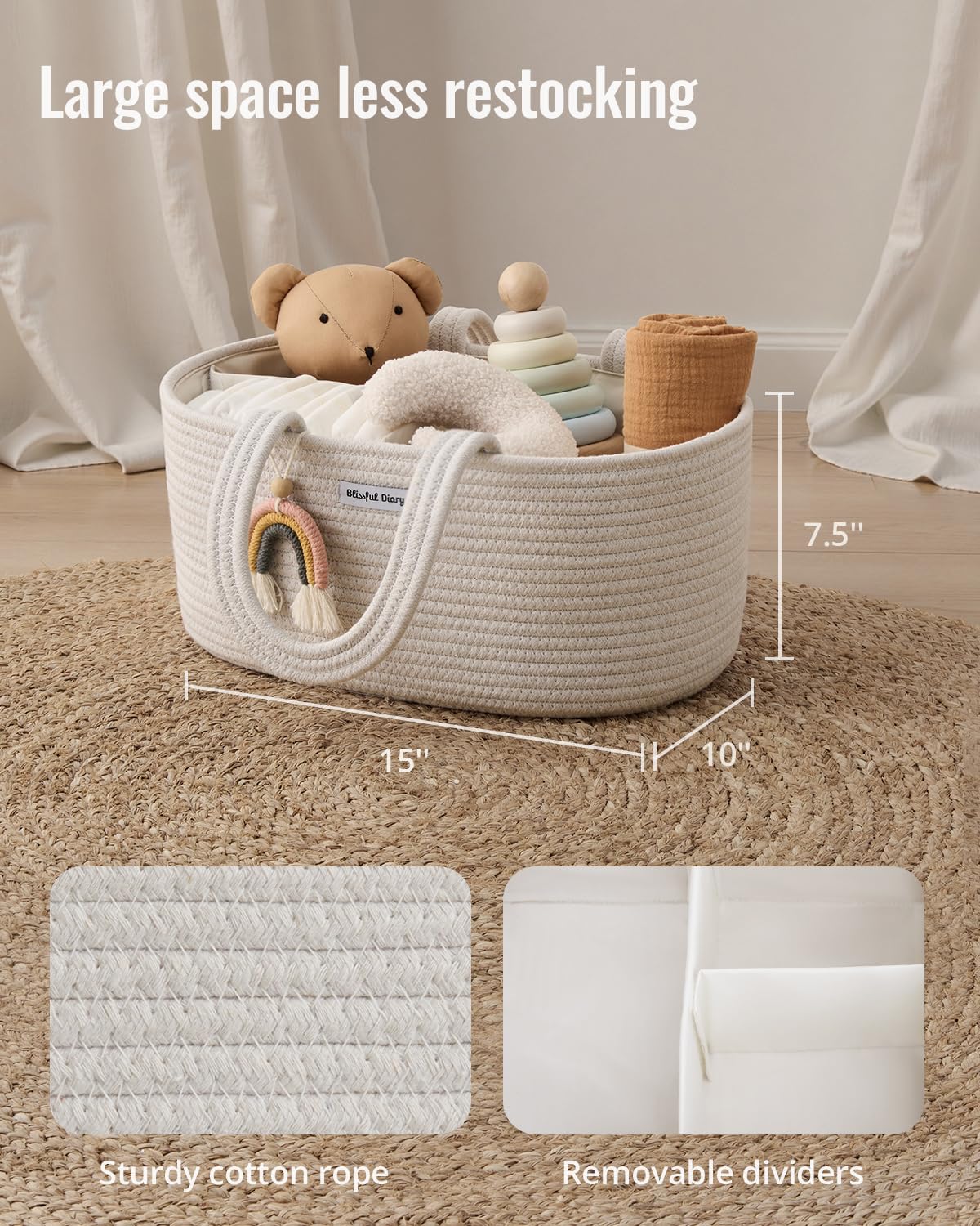 Blissful Diary Baby Diaper Caddy Organizer, Cotton Rope Diaper Caddy Basket, Large Storage Basket for Newborn Boys and Girls, Gift for Baby Shower List, Newborn Essentials, Earthy Rainbow