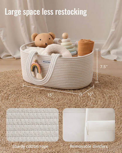 Blissful Diary Baby Diaper Caddy Organizer, Cotton Rope Diaper Caddy Basket, Large Storage Basket for Newborn Boys and Girls, Gift for Baby Shower List, Newborn Essentials, Earthy Rainbow