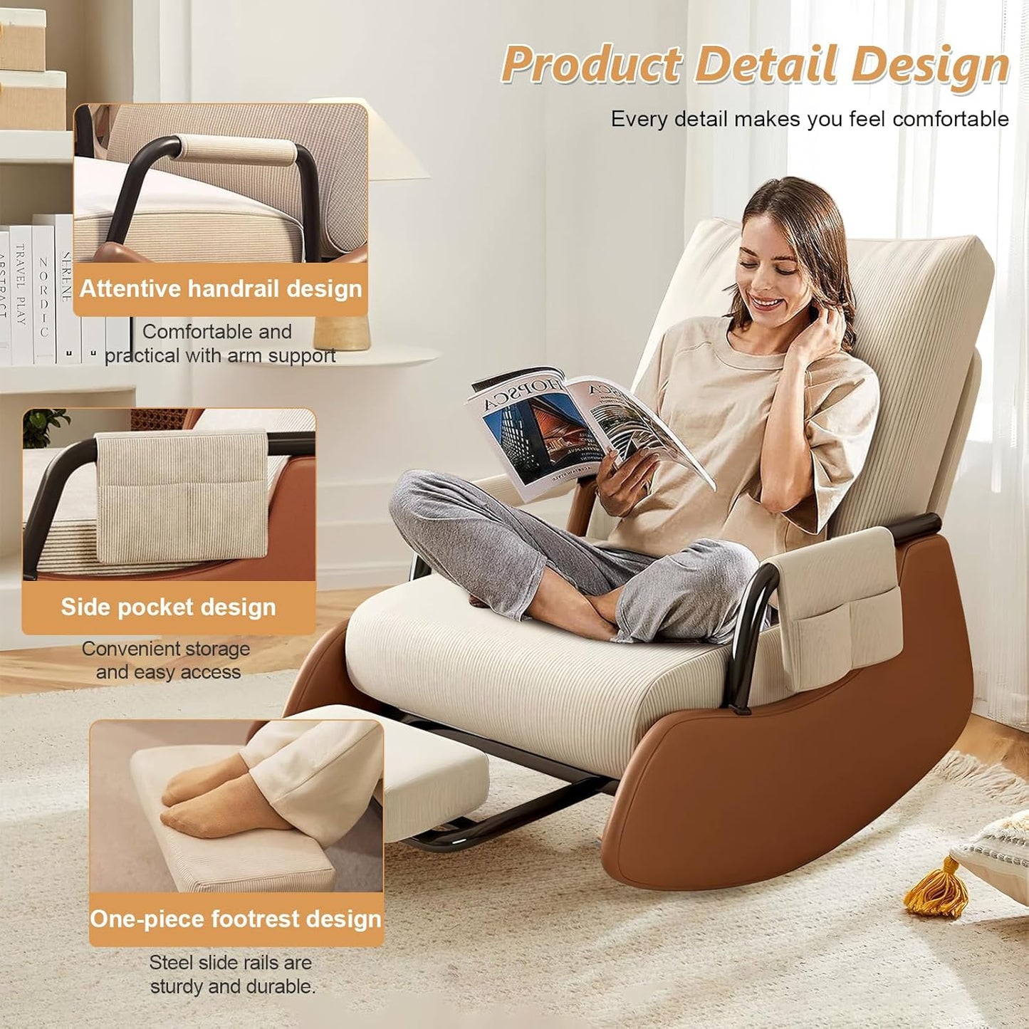 JPBSTO Rocking Chair Nursery, Upholstered Glider Rocking Chair with Side Pocket and Adjustable High Backrest, Comfortable Rocker Recliner with Footrest Perfect for Living Room Bedroom, Beige