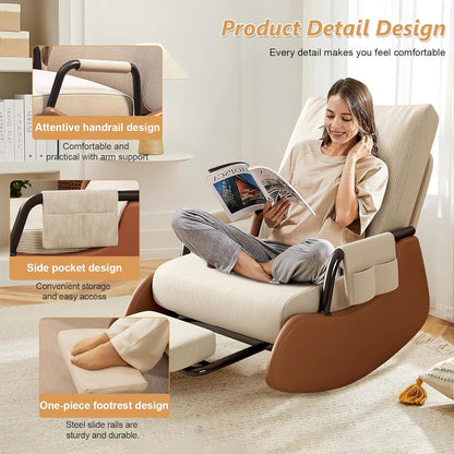 JPBSTO Rocking Chair Nursery, Upholstered Glider Rocking Chair with Side Pocket and Adjustable High Backrest, Comfortable Rocker Recliner with Footrest Perfect for Living Room Bedroom, Beige