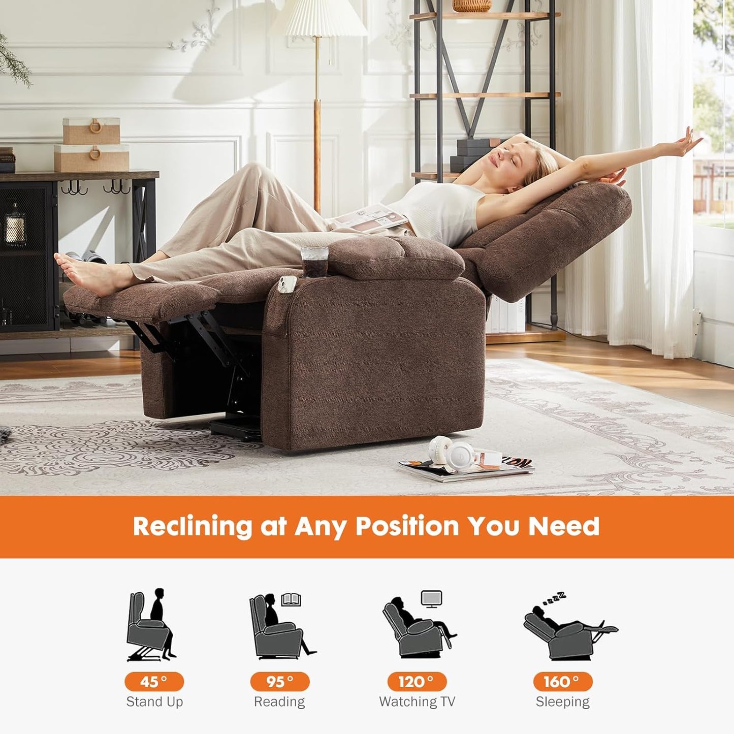 Sweetcrispy Recliner Chair, 360 Swivel Rocker Chair for Adults, Glider Rocker Recliners, Nursery Chairs for Living Room, High Back, Upholstered Deep Seat, Classical Brown