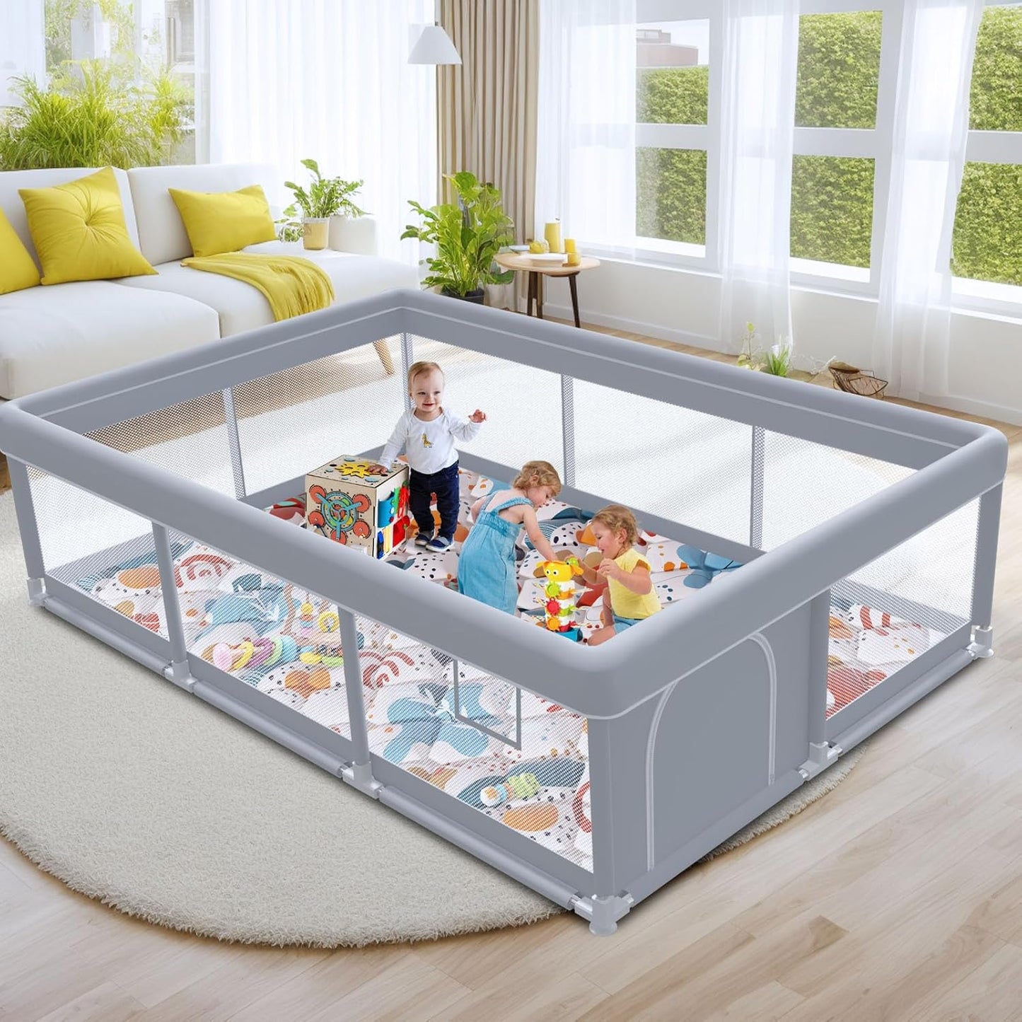 Baby Playpen with Mat 50x50 Inch, Play Pen for Babies and Toddlers with Gate, Baby Fence Sturdy Safety Playpen, Indoor & Outdoor Kids Activity Center