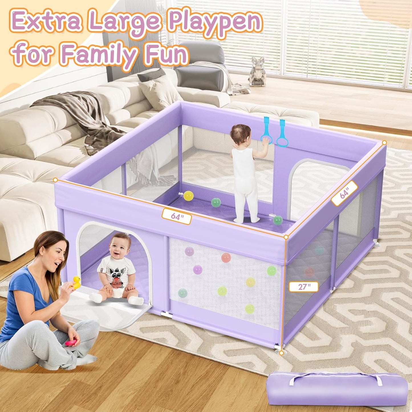 Baby Playpen with Mat - 79"x71" Extra Large Play Pens for Babies and Toddlers Indoor Safety Baby Fence with Soft Breathable Mesh - All-Wrapped Sponge Sturdy Play Yard with Handle & Bag Purple