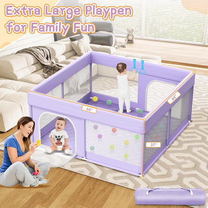 Baby Playpen with Mat - 79"x71" Extra Large Play Pens for Babies and Toddlers Indoor Safety Baby Fence with Soft Breathable Mesh - All-Wrapped Sponge Sturdy Play Yard with Handle & Bag Purple