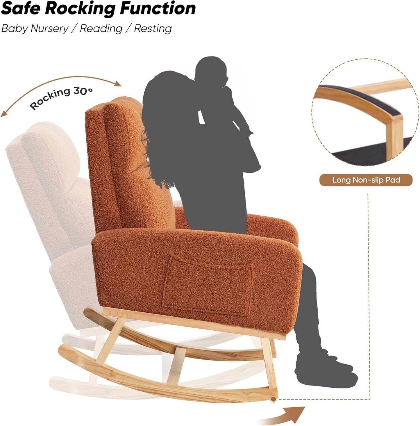 Rocking Chair Nursery, Upholstered Nursing Rocker Chair for Mom with High Backrest and Side Pockets for Bedroom Living Room, Beige