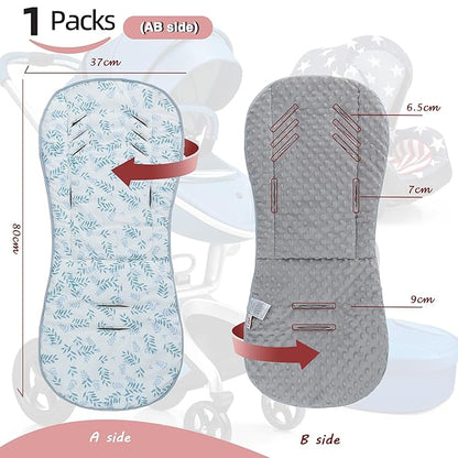 Baby Stroller Cushion,Soft Minky Dotted and Printed Stroller Seat Liner-Reversible Universal Breathable and Soft Newborn Stroller Pad, Cotton Infant Car Seat Insert-82x37cm,1 Pack(Blue Leaves)